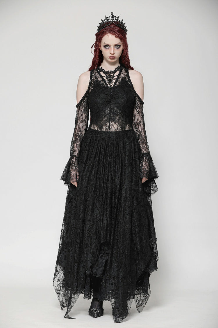Black Off Shoulder Long Sleeves Women's Gothic Irregular Lace Dress Wedding Dress - Product - 5