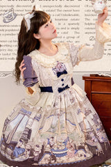 Multi-Color Short Sleeves Cat Manor Print Embroidery Bowknot Sweet Lolita OP Dress - Product - 3