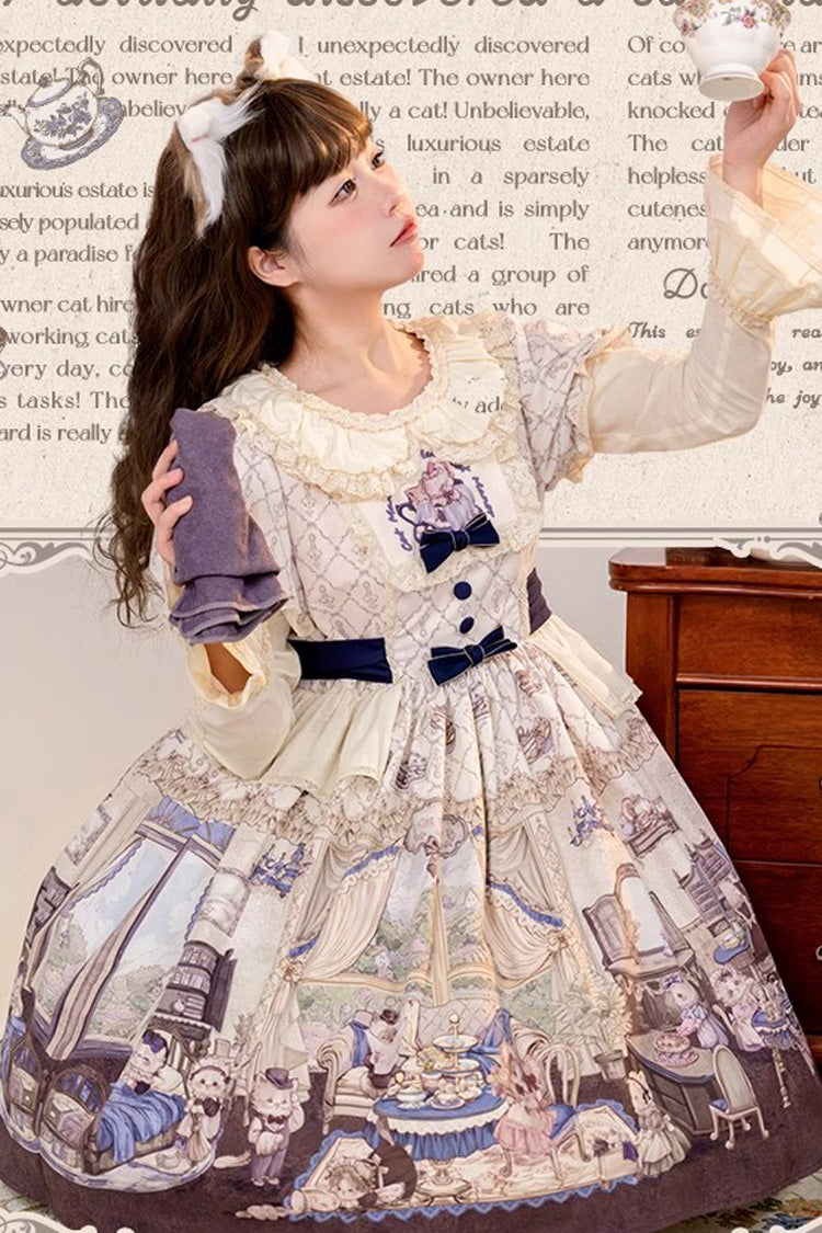 Multi-Color Short Sleeves Cat Manor Print Embroidery Bowknot Sweet Lolita OP Dress - Product - 3