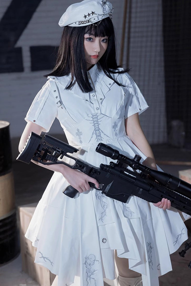 White Travelling Thorns Short Sleeves Print Gothic Elegant Lolita Dress - Product - 8