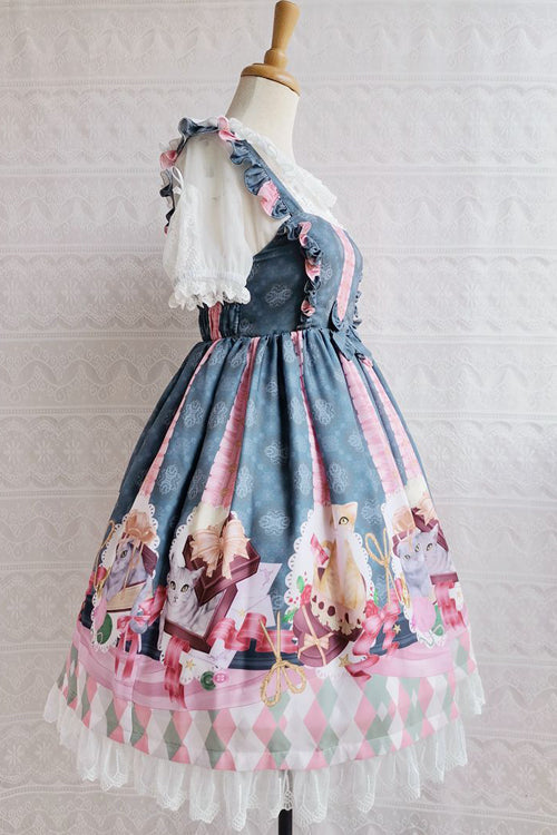 Chocolate Cat Print Ruffled High Waisted Sweet Lolita JSK Dress - Product - 6