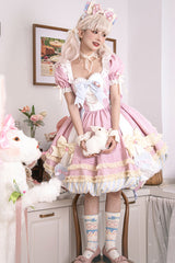 Pink Short Sleeves Print Ruffle Bowknot Lace-Up Sweet Princess Lolita Dress Set - Product - 6