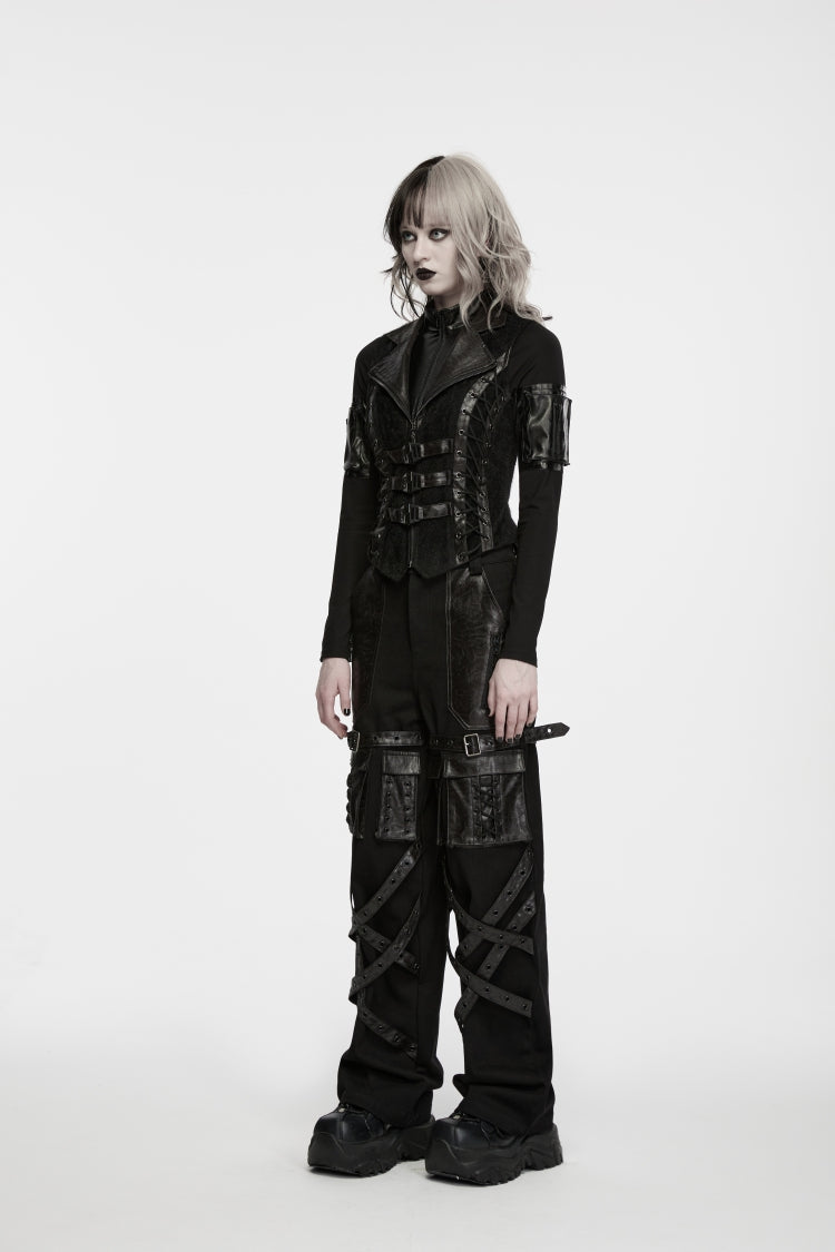 Black Lapel Collar Sleeveless Lace-Up Slim Fit Buckled Zippered Women's Punk Cool Vest - Product - 3