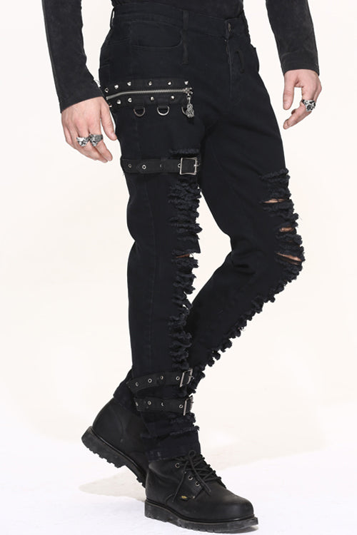Black Metallic Punk Broken Holes With Loops Mens Pants - Product - 2