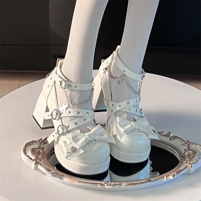 Gothic Cross Straps Bowknot Lolita High Heels 4 Colors - White - 1