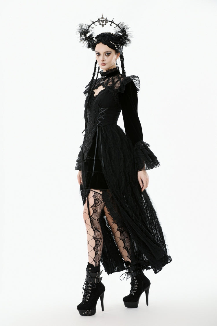 Black Stand Collar Long Flared Sleeves Lace Spliced Velvet Women's Gothic Cape - Product - 10