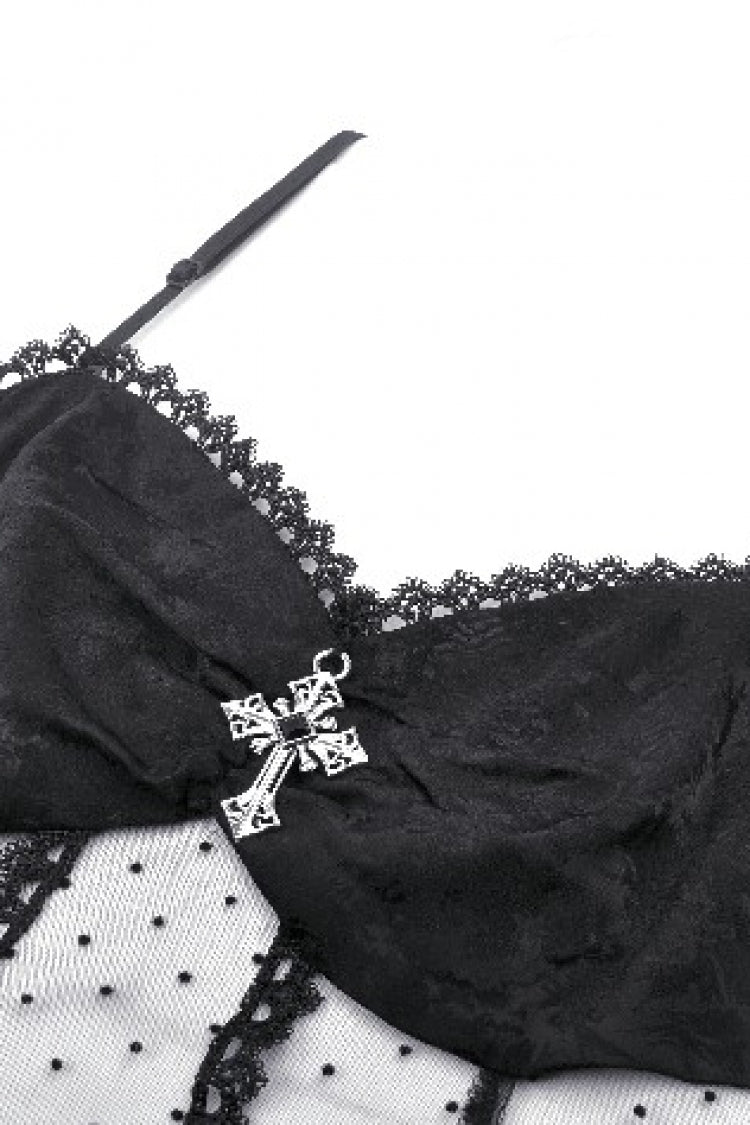 Black Spaghetti Straps Sheer Double-Layered Ruffled Lace Women's Gothic Top - Product - 12