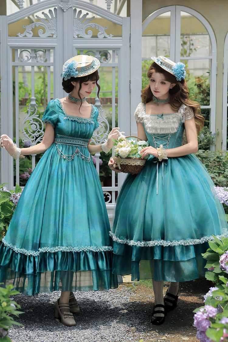Blue/Green [Water Lily] Square Collar Ruffled Lace-Up Sweet Royal Lolita Dress 2 Versions - Blue/Green(JSK) - 1