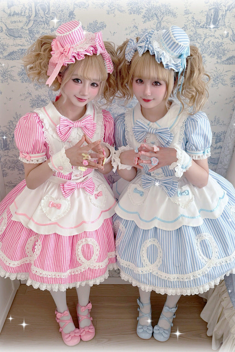 [A Day as a Candy Shop Owner] Peter Pan Collar Short Sleeves Printed Bow Sweet Lolita Dress 3 Colors (Red, Blue, Pink) - Product - 5