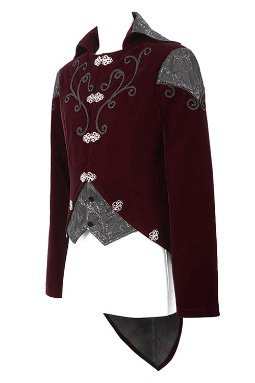 Red Vintage Embroidered Fake Two Pieces Gothic Mens Coat - Product - 5