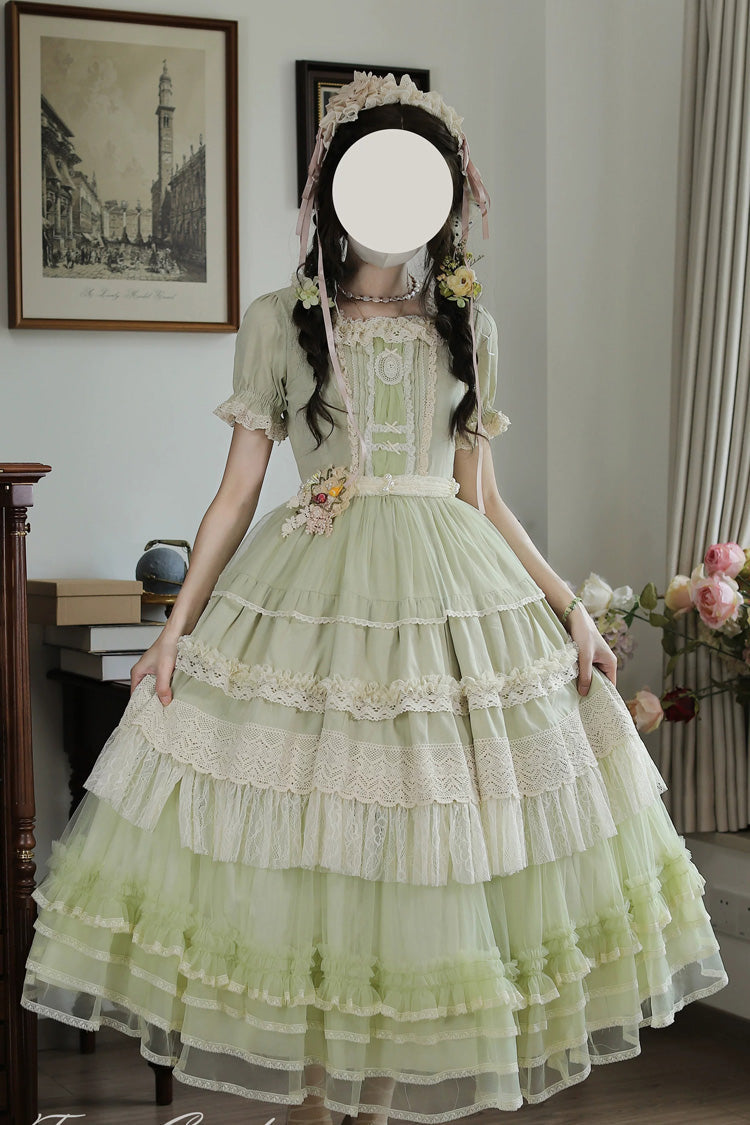 Muscat Green [Vintage Ball 3.0] Square Collar Short Sleeves Lace Pearl Detail Sweet Lolita Dress - Product - 8