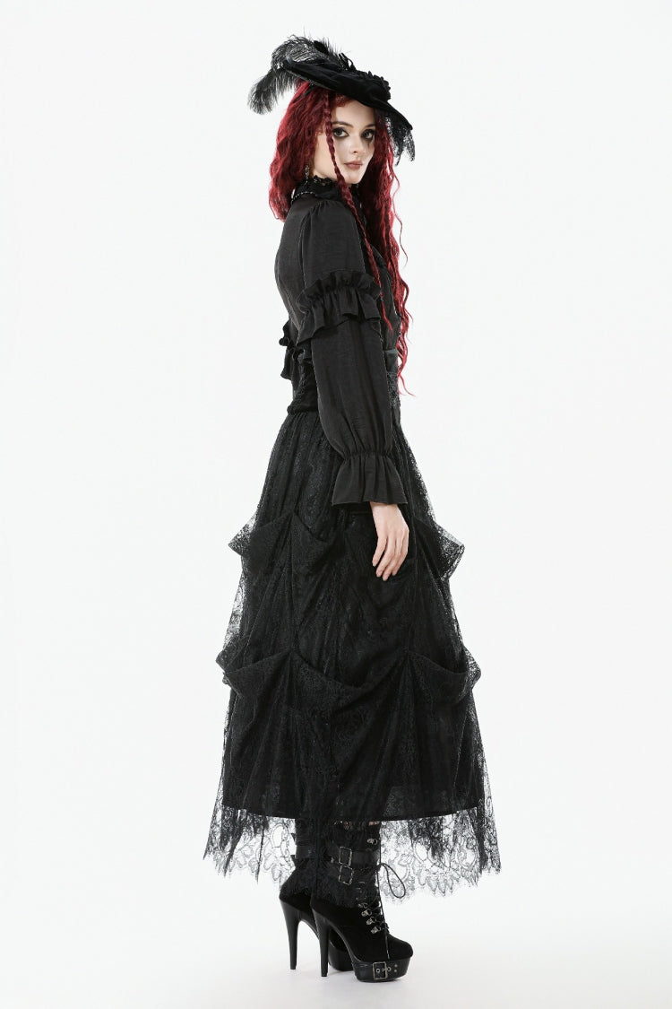 Black Sheer Stand Collar Ruffled Long Lantern Sleeves Women's Gothic Blouse - Product - 11