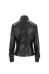 Black Stand Collar Crackled Buckle Women's Punk Jacket - Product - 10