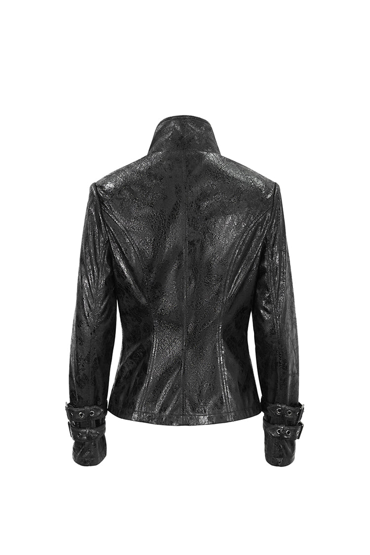 Black Stand Collar Crackled Buckle Women's Punk Jacket - Product - 10