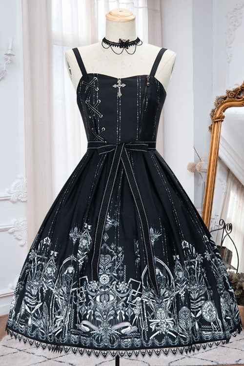 Dark Black Eye Of Red Heart Print Square Collar Cross High Waisted Gothic Lolita Jsk Dress - Product - 4