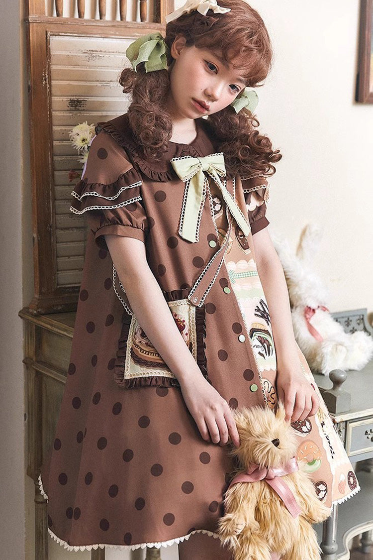 Cake Chocolate Dessert Print Short Sleeves Ruffle Bowknot Sweet Lolita Dress 2 Colors - Product - 8