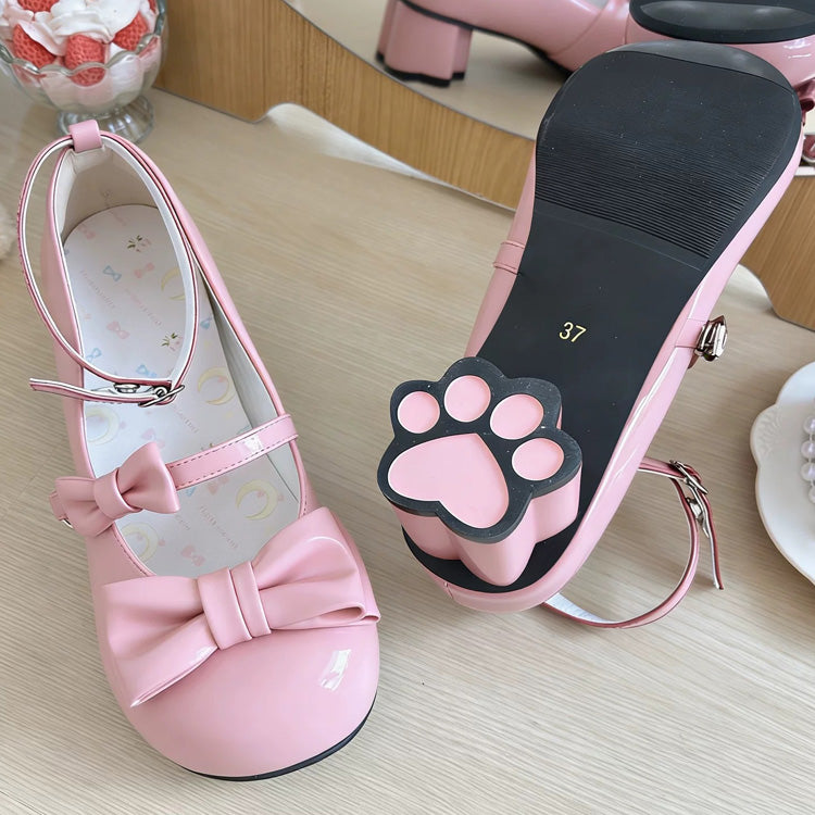 Round Toe Bow Mid Heel Lolita Mary Jane Shoes with Cat Paw Heels 7 Colors - Pink - 5
