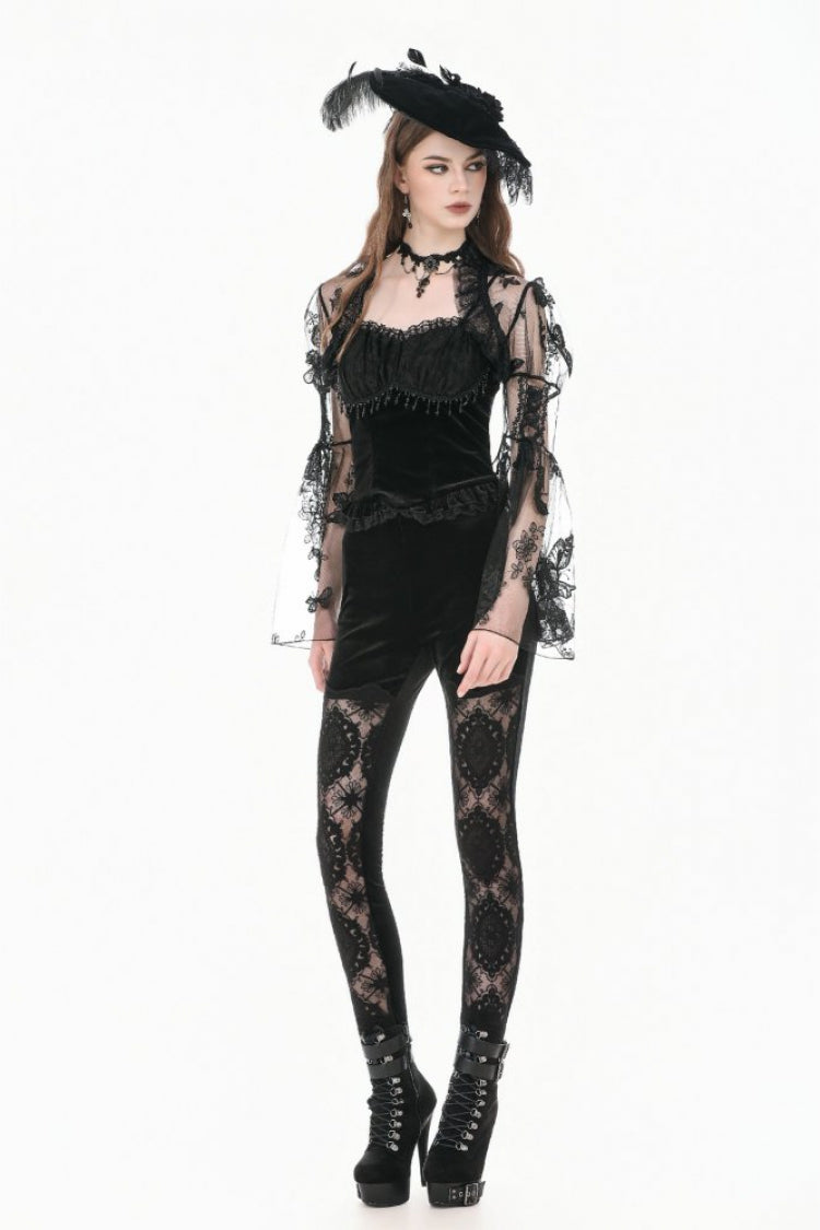 Black Women's Gothic Retro Embroidered Sheer Lace Patchwork Slim Leggings - Product - 7