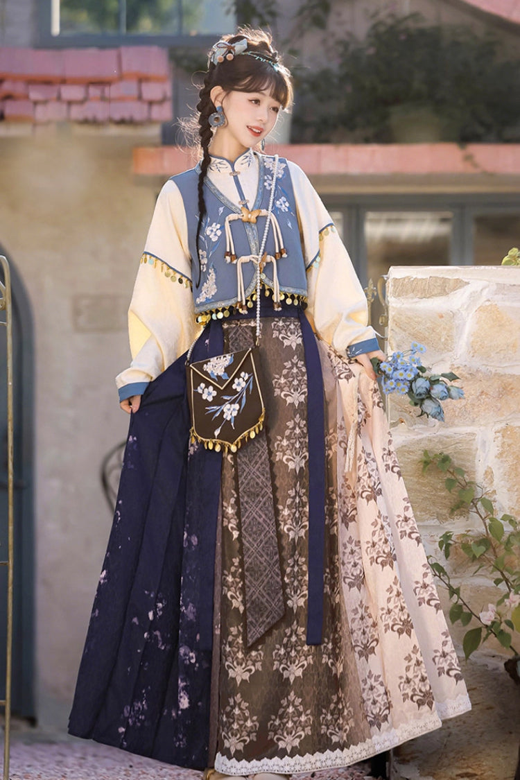 Multi-Color [Wind Of The Snowfield] Stand Collar Long Sleeves Printed Embroidered Women's Daily Sweet Hanfu Dress Set - Product - 2