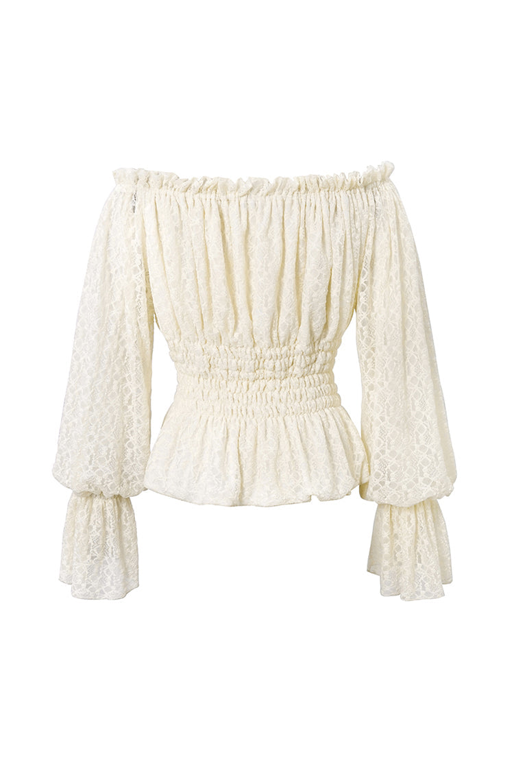White Off Shoulder Long Sleeves Ruffle Lace Women's Gothic Blouse - Product - 6