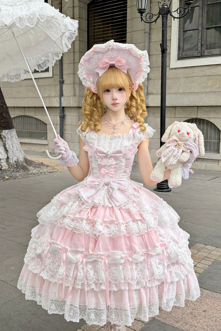 Pink [Eternal Floral Message] Square Collar Sleeveless Multi-Layered Hanayome Embroidered Bow Lace Sweet Lolita Jsk Dress - Pink - 1