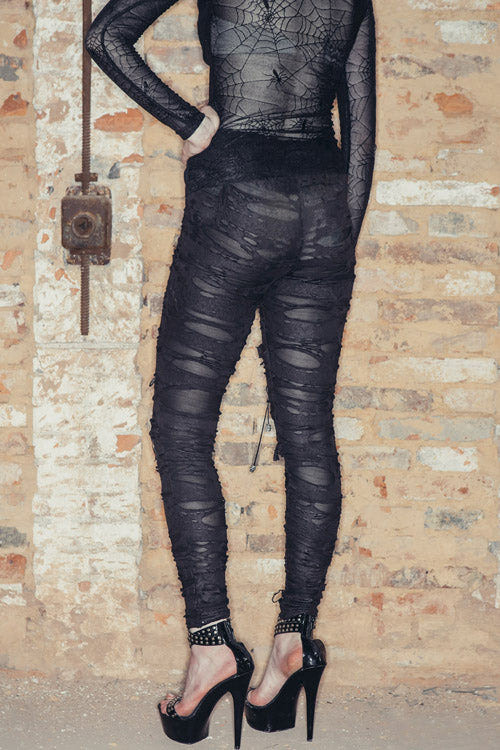 Black Leather Broken Holes Coated Knit Womens Pants - Product - 8