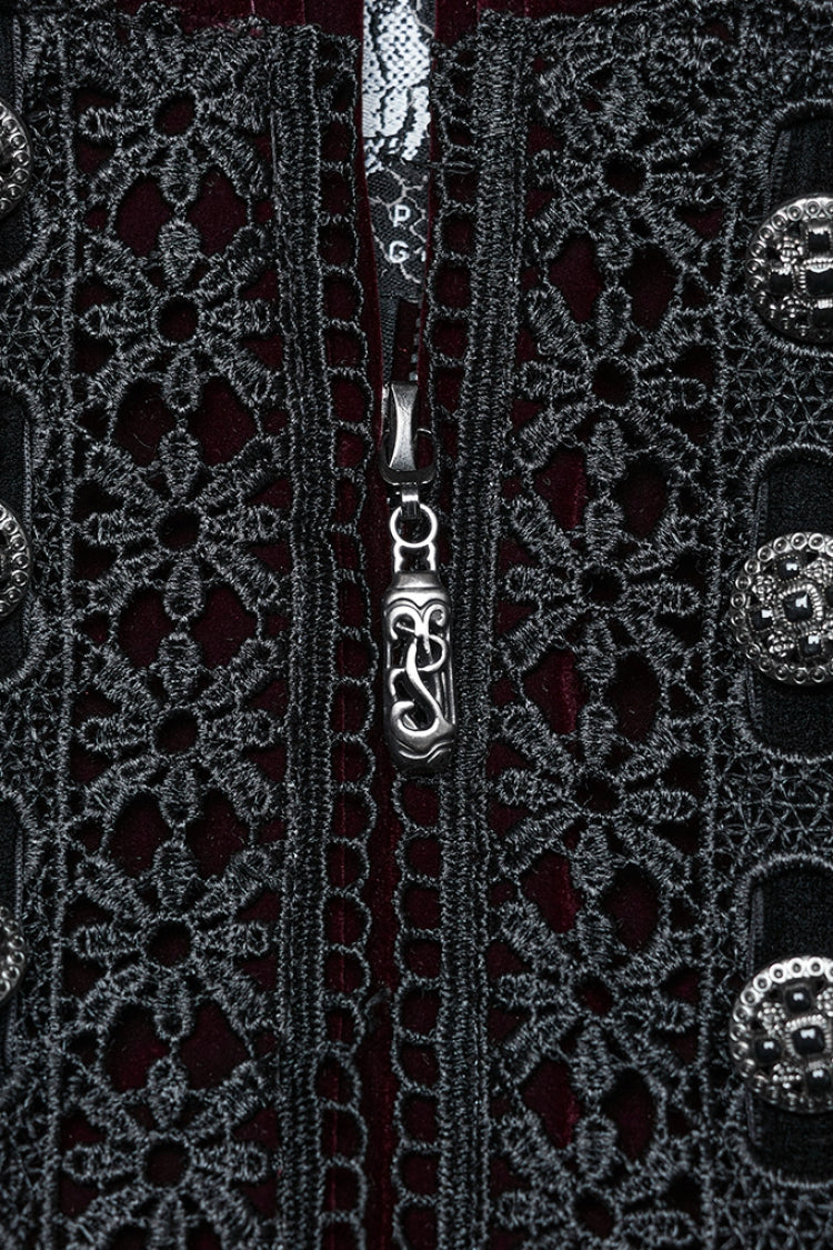 Black/Red Long Puff Sleeves Floral Embroidery Women's Gothic Coat - Product - 5