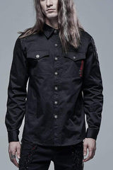 Black Punk Ribbon Decoration Front Metal Skull Button Spliced Men's Shirt - Black - 1