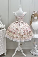 Pink [Strawberry Ice Cream Cheesecake] Square Collar Short Sleeves Printed Ruffled Bow Lace Casual Sweet Lolita Jsk Dress - Product - 3