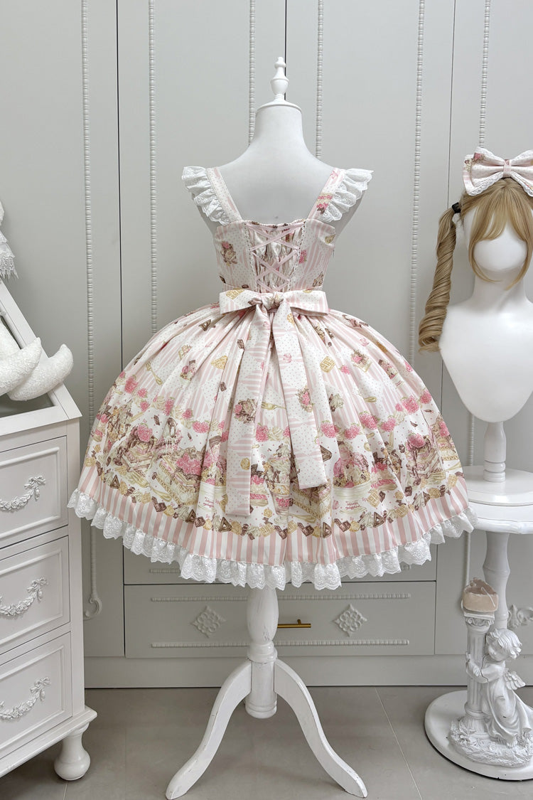 Pink [Strawberry Ice Cream Cheesecake] Square Collar Short Sleeves Printed Ruffled Bow Lace Casual Sweet Lolita Jsk Dress - Product - 3