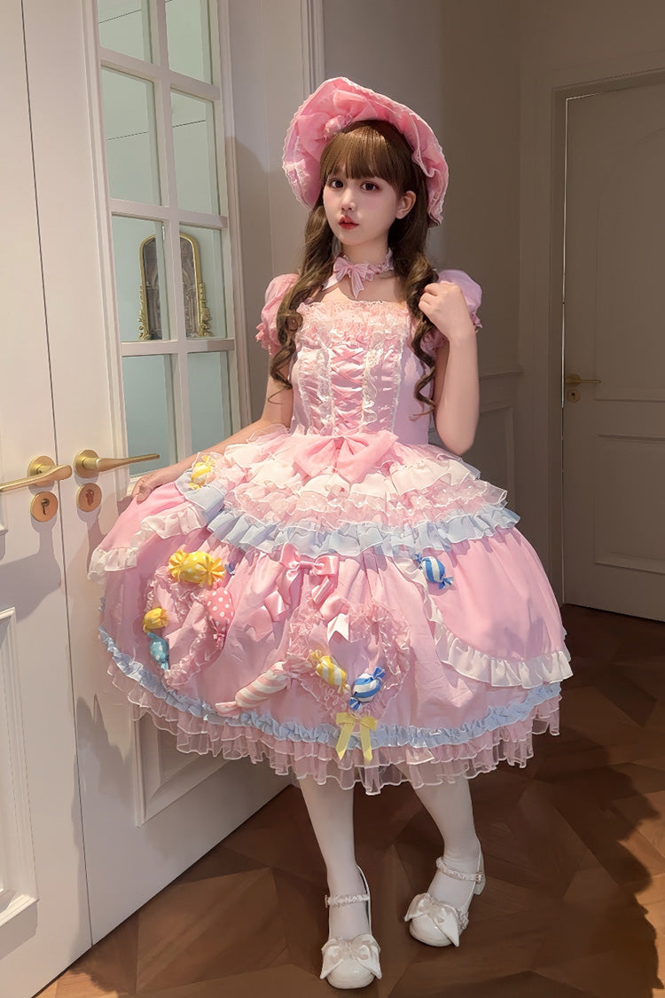 Pink [Candy Party] Short Sleeves Multi-Layered Ruffled Bow Lace Lace-Up Sweet Lolita Dress - Product - 5