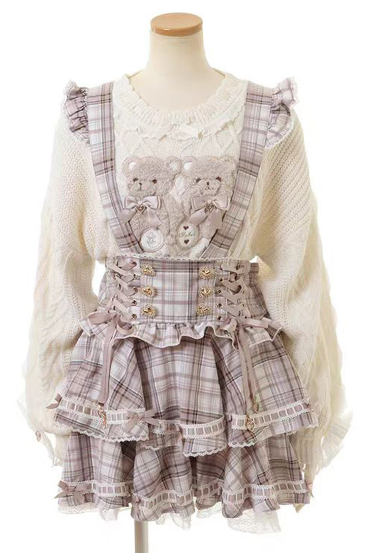 Sweet Jirai Kei High Waisted Triple-Layered Print Ruffle Bowknot Lace-Up Japanese Strap Dress 3 Colors - Product - 3