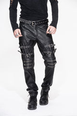 Black Punk Rock Biker Multi Loops Silver Zipper Hand Rubbed Leathers Mens Pants - Product - 2