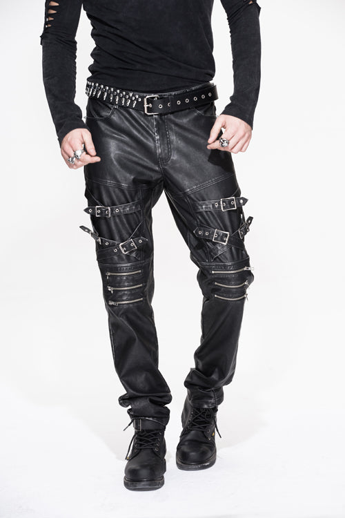 Black Punk Rock Biker Multi Loops Silver Zipper Hand Rubbed Leathers Mens Pants - Product - 2