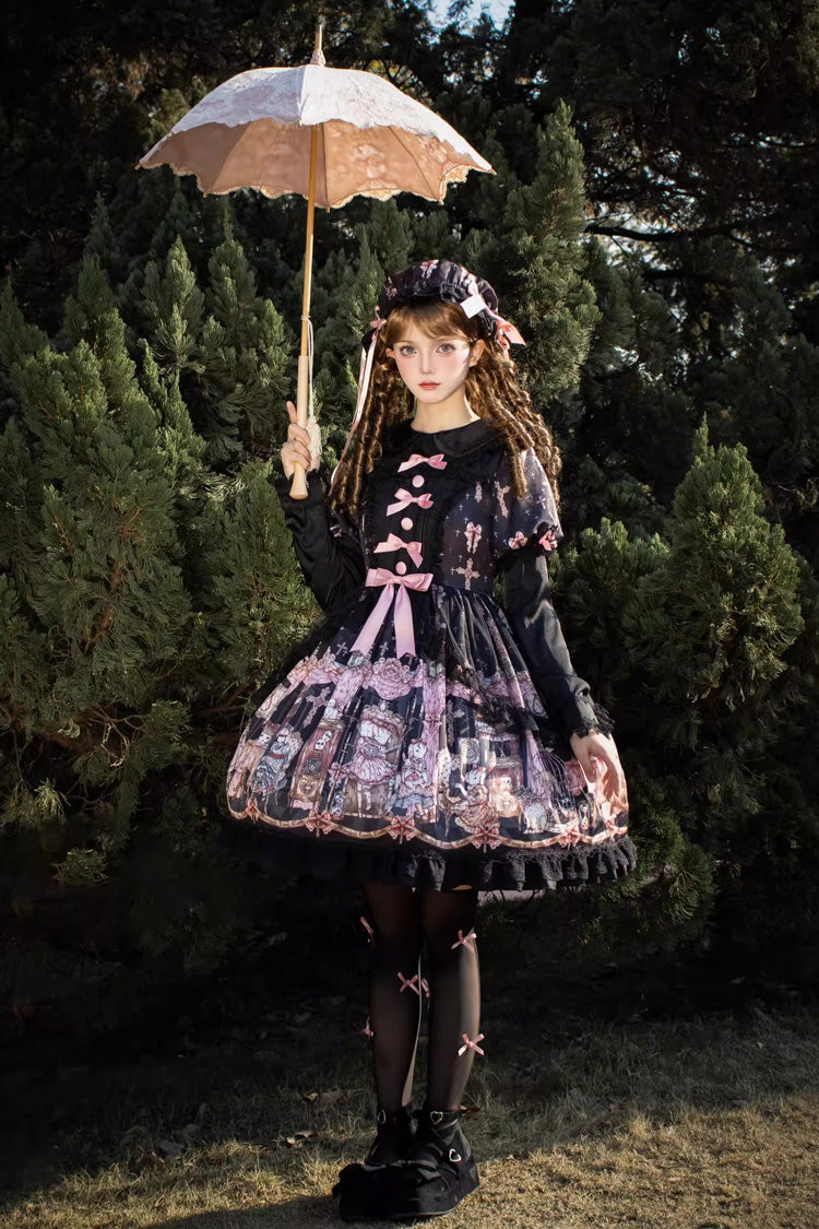 Black [The Case of the Missing Lamb] Print Long Sleeves Ruffle Bowknot Lace Gothic Lolita Dress - Product - 2