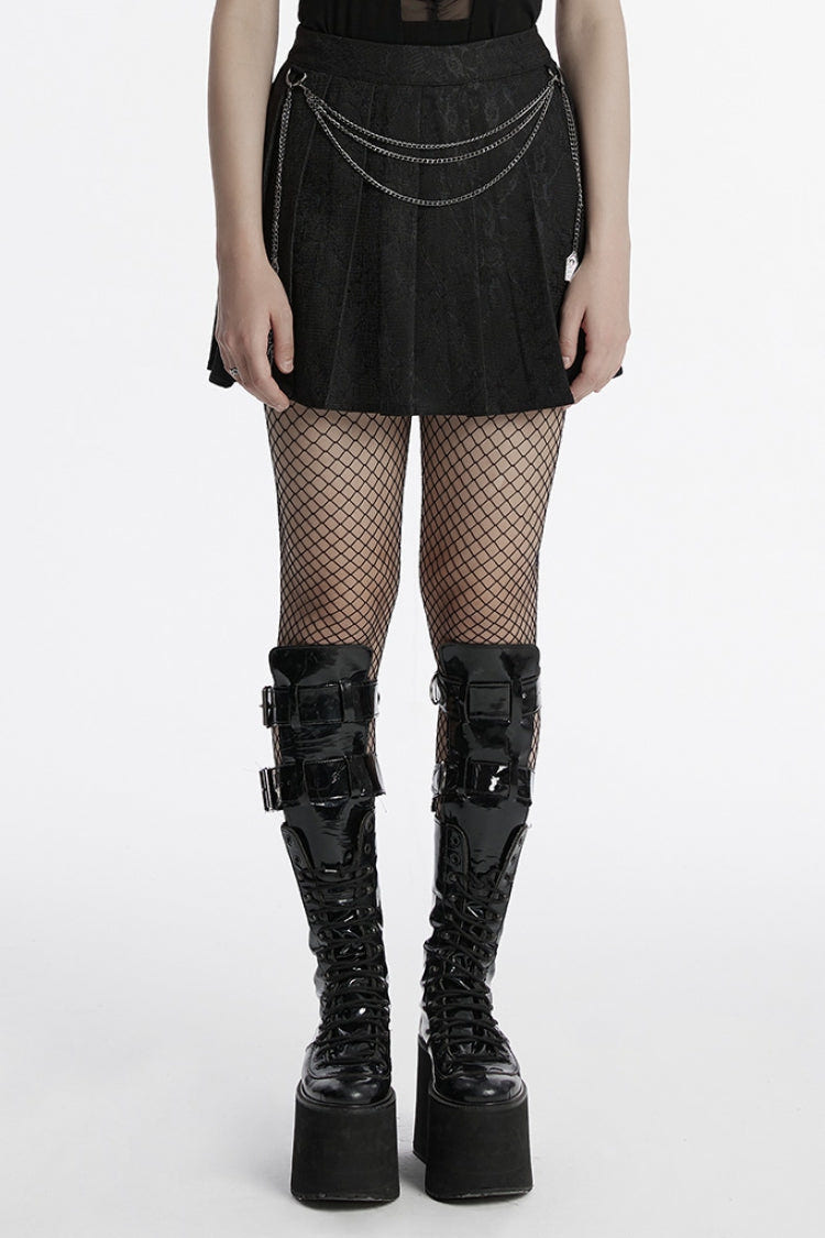 Black Stitching Lace Women's Punk Pleated Skirt with Chain - Black - 1