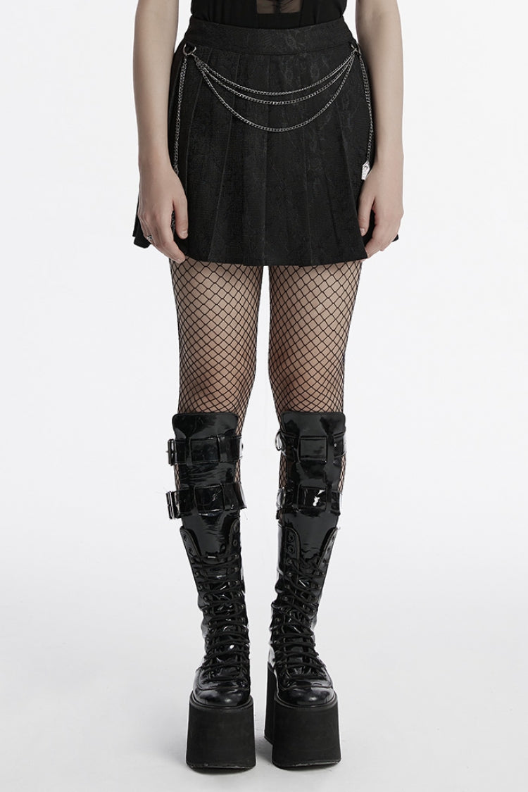 Black Stitching Lace Women's Punk Pleated Skirt with Chain - Black - 1