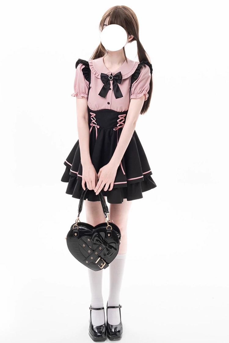 Black/Pink First Sakura Short Sleeves Multi-layer Lace-Up Sweet Jirai Kei Japanese Set - Product - 3