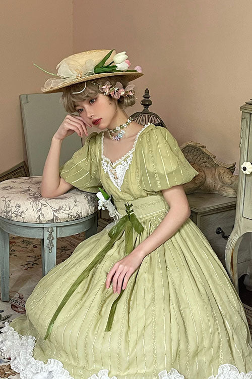 Green Elegant Vintage Square Collar Short Sleeves Multi-Layer Ruffled Classic Lolita OP Dress - Product - 6
