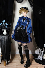 Black/Blue [Moonlit Return] Jacquard Printed Lace-Up Gothic Elegant Ouji Lolita (Blouse/Pants/Shorts/Vest) - Product - 2