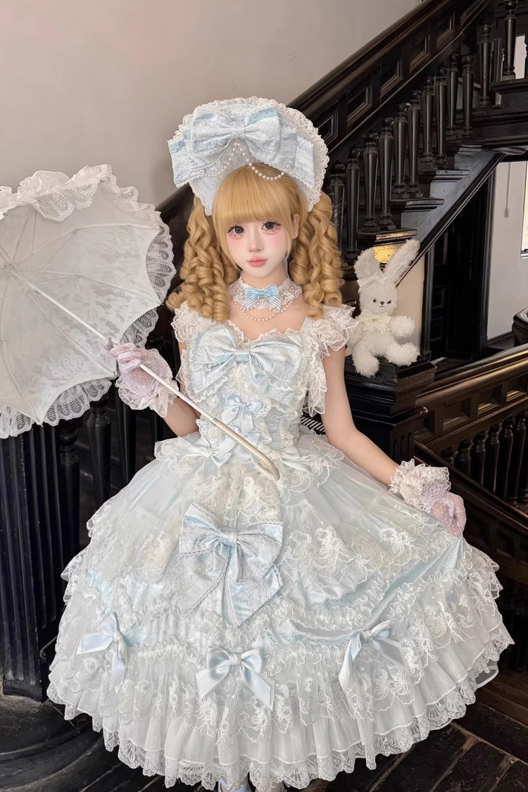 Blue [Sakura Dream Romance] Sleeveless Multi-Layered Ruffled Hanayome Bow Lace Sweet Princess Lolita Jsk Dress - Product - 3