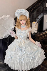 Blue [Sakura Dream Romance] Sleeveless Multi-Layered Ruffled Hanayome Bow Lace Sweet Princess Lolita Jsk Dress - Product - 3