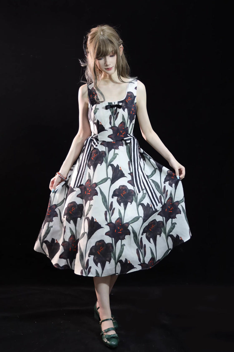 Ivory Square Collar Sleeveless Black Lily Printed Bow Gothic Lolita Jsk Dress - Ivory - 1