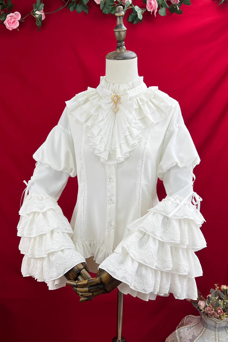 [The Angel of Good and Evil] Long Trumpet Sleeves Multi-Layered Ruffled Lace Classic Elegant Lolita Blouse 4 Colors - White - 1