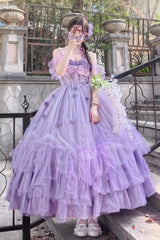 Purple [Wisteria] Sleeveless Multi-Layered Ruffled Hanayome Bow Sweet Plus Size Princess Lolita Dress - Purple - 1