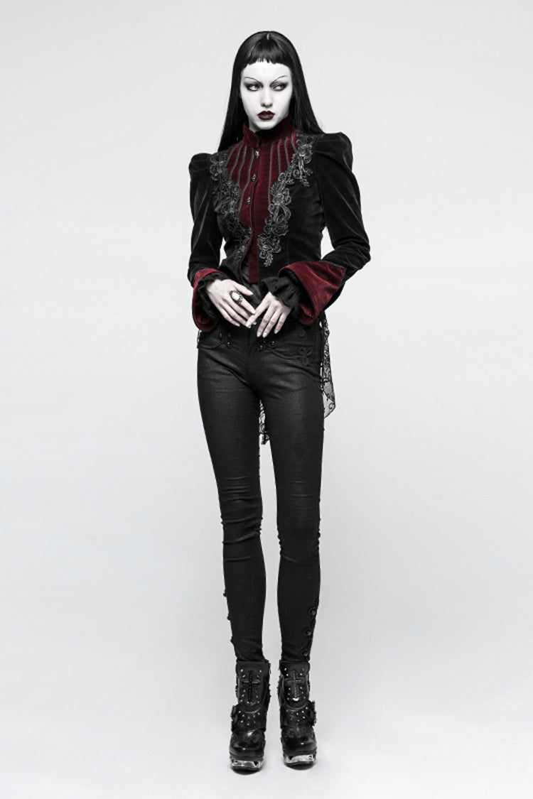 Black 3D Floral Decoration Stand Collar Long Sleeves Womens Gothic Jacket - Product - 4