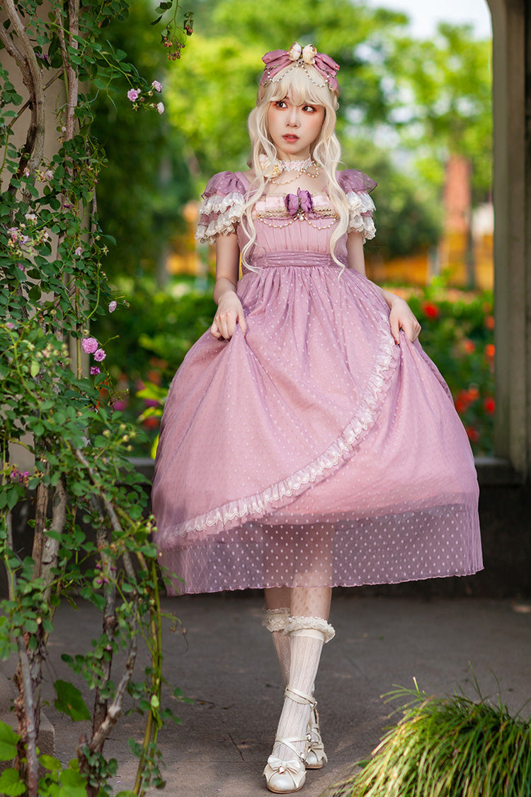 Pink [Moon goddess *Mediana*] Polka Dot Print Ruffle Bowknot Asymmetric Sweet Elegant Lolita Dress - Pink - 1