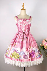[Bunny Star Paradise] Sleeveless Print Ruffle Bowknot Lace Sweet Lolita Jsk Dress 4 - Pink - 1