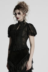 Black Stand Collar Long Puff Sleeves Jacquard Lace Women's Gothic Blouse - Product - 2