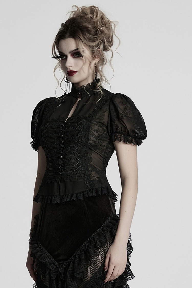 Black Stand Collar Long Puff Sleeves Jacquard Lace Women's Gothic Blouse - Product - 2